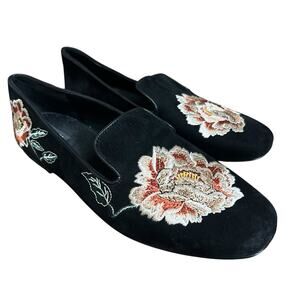 Natori Women's Black Edda Suede Embroidered Floral Loafers Size 9.5 Slip On